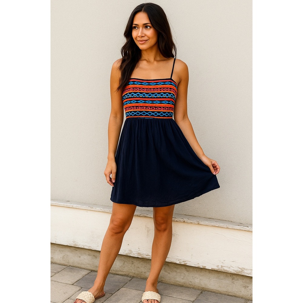 UMGEE USA Women's S Navy Blue Embroidered Strappy Fit Flare Dress